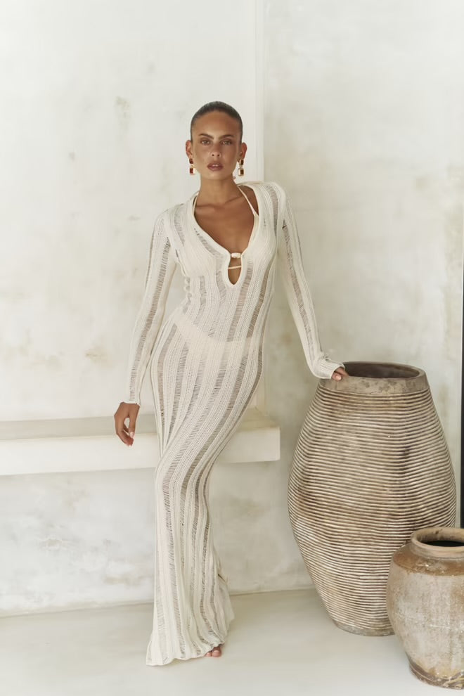 Solea Knit Muse – Cream Beaded Maxi Dress