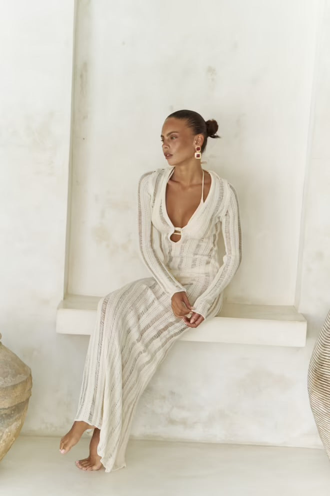 Solea Knit Muse – Cream Beaded Maxi Dress