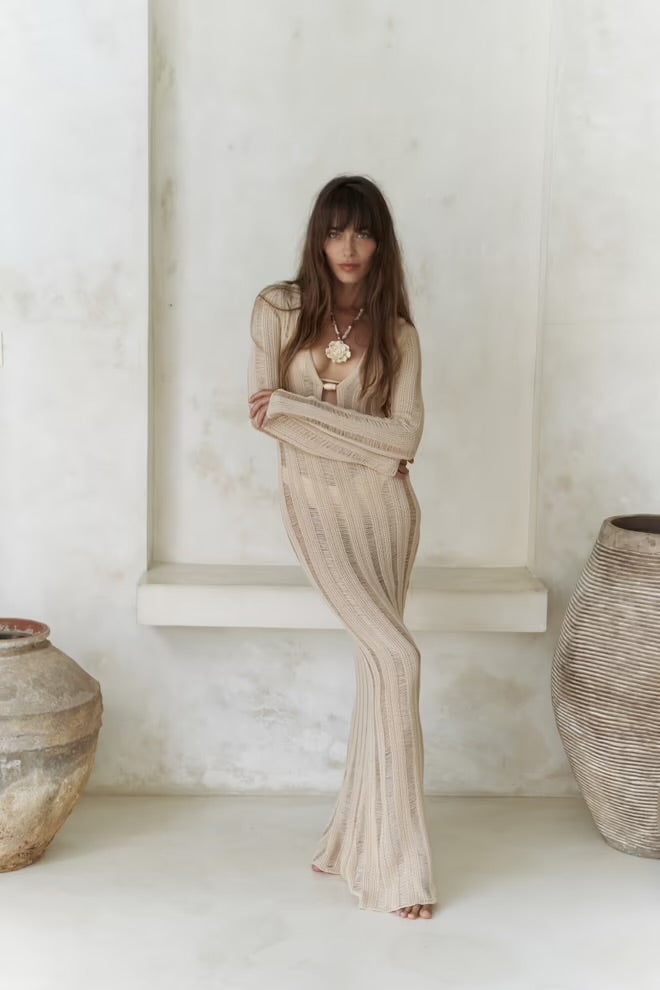 Solea Knit Muse – Cream Beaded Maxi Dress