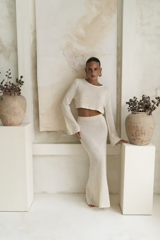 Wayhu Lune – Knit Crop & Skirt Set in Ivory Bliss
