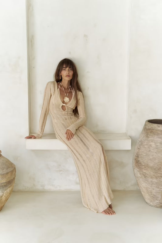Solea Knit Muse – Cream Beaded Maxi Dress