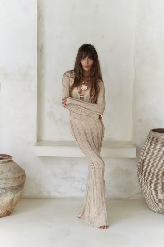 Solea Knit Muse – Cream Beaded Maxi Dress