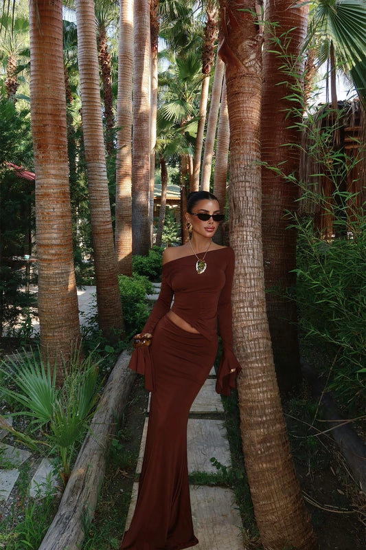 Cocoa Aura – Maxi Skirt & One-Shoulder Top Set