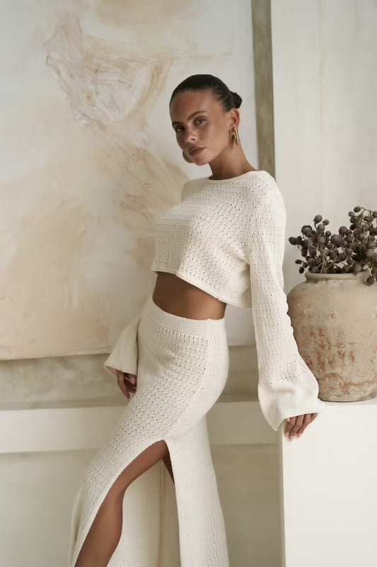 Wayhu Lune – Knit Crop & Skirt Set in Ivory Bliss