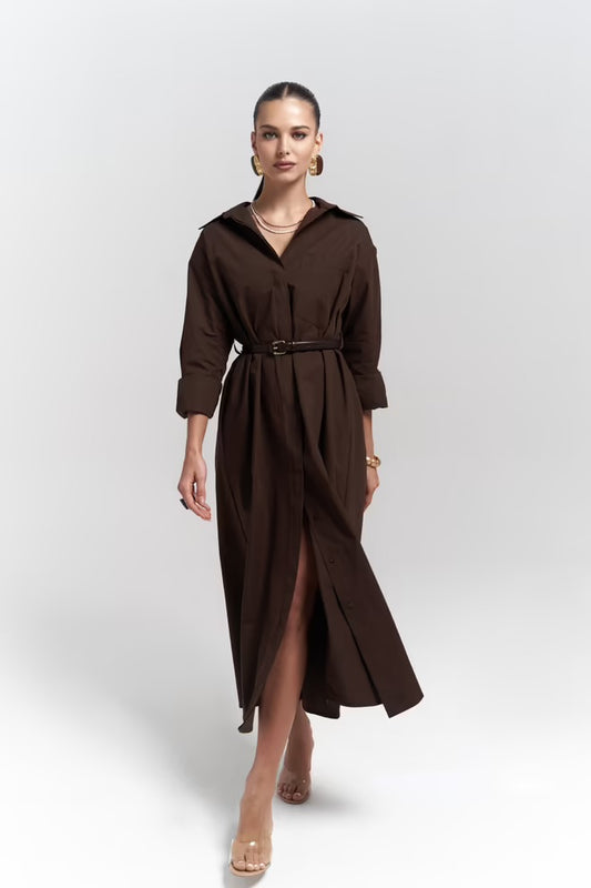 Belsay Élite – Belted Trench Dress in Chocolate Authority