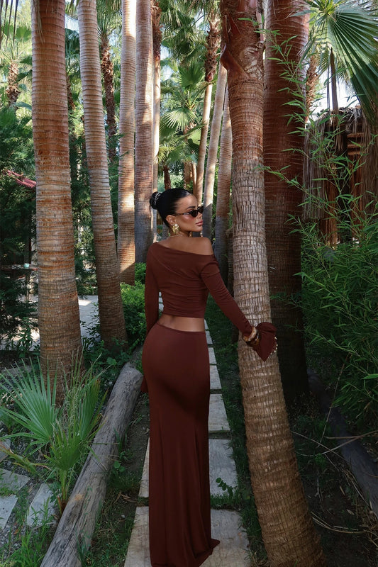 Cocoa Aura – Maxi Skirt & One-Shoulder Top Set